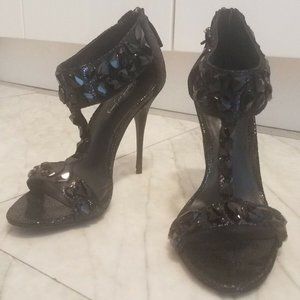 Elizabeth and James jeweled leather black stiletto Sandals Heels 7B (like 7.5)